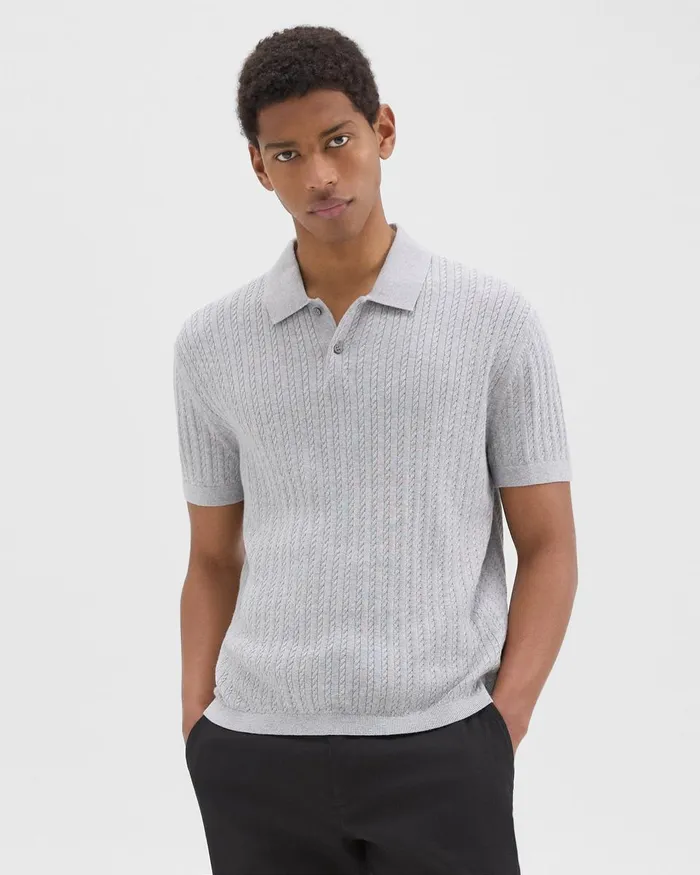 Men Theory Sweaters Cardigans Cable Knit Polo In Cotton Light Grey Heather