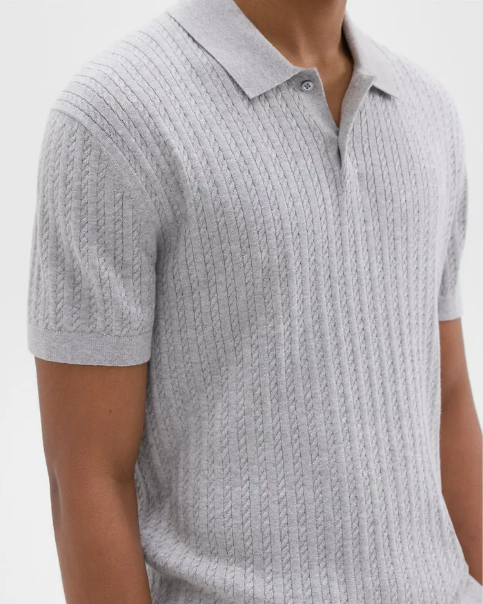 Men Theory Sweaters Cardigans Cable Knit Polo In Cotton Light Grey Heather