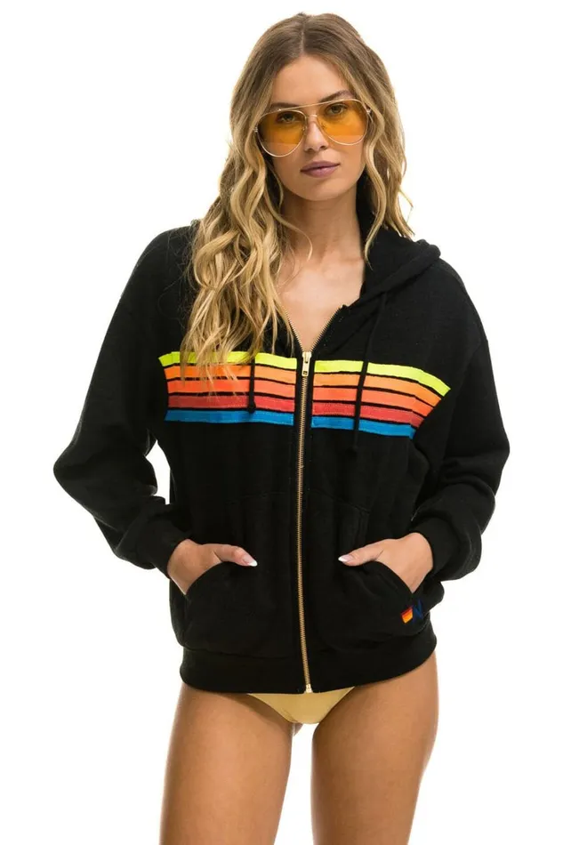 MenWomen Tops Aviator Nation 5 STRIPE RELAXED ZIP HOODIE 8211 BLACK NEON RAINBOW