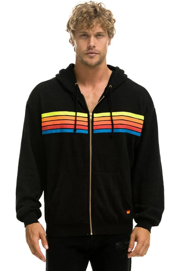 MenWomen Tops Aviator Nation 5 STRIPE RELAXED ZIP HOODIE 8211 BLACK NEON RAINBOW MenWomen Tops Aviator Nation 5 STRIPE RELAXED ZIP HOODIE 8211 BLACK NEON RAINBOW
