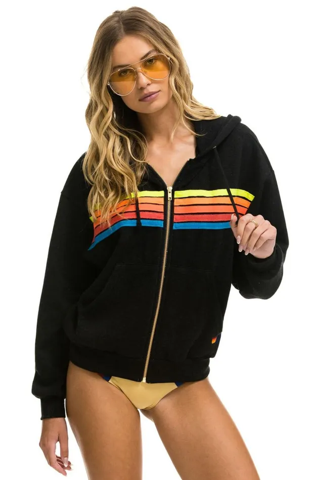 MenWomen Tops Aviator Nation 5 STRIPE RELAXED ZIP HOODIE 8211 BLACK NEON RAINBOW MenWomen Tops Aviator Nation 5 STRIPE RELAXED ZIP HOODIE 8211 BLACK NEON RAINBOW