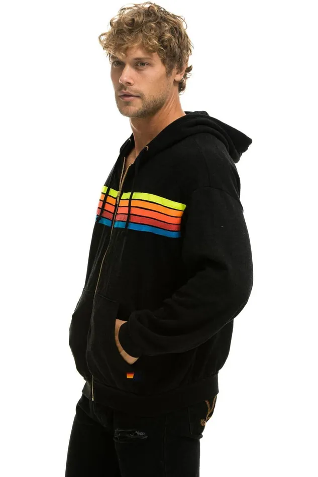 MenWomen Tops Aviator Nation 5 STRIPE RELAXED ZIP HOODIE 8211 BLACK NEON RAINBOW MenWomen Tops Aviator Nation 5 STRIPE RELAXED ZIP HOODIE 8211 BLACK NEON RAINBOW