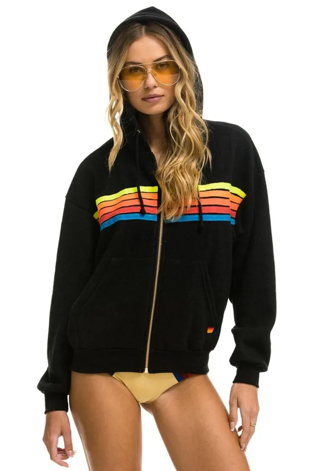 MenWomen Tops Aviator Nation 5 STRIPE RELAXED ZIP HOODIE 8211 BLACK NEON RAINBOW MenWomen Tops Aviator Nation 5 STRIPE RELAXED ZIP HOODIE 8211 BLACK NEON RAINBOW