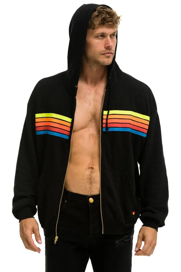 MenWomen Tops Aviator Nation 5 STRIPE RELAXED ZIP HOODIE 8211 BLACK NEON RAINBOW MenWomen Tops Aviator Nation 5 STRIPE RELAXED ZIP HOODIE 8211 BLACK NEON RAINBOW