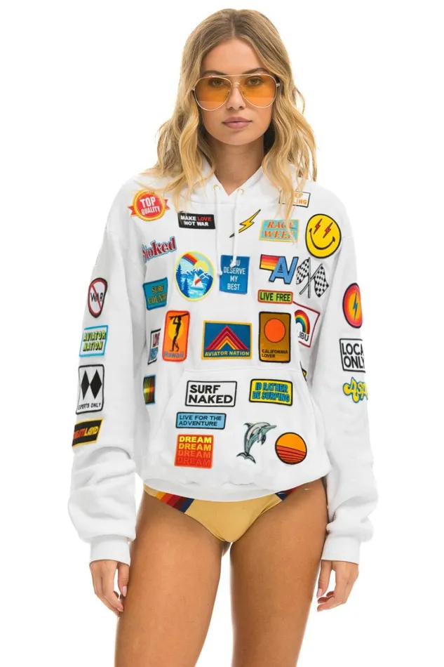 MenWomen Tops Aviator Nation VINTAGE PATCH RELAXED PULLOVER HOODIE WHITE