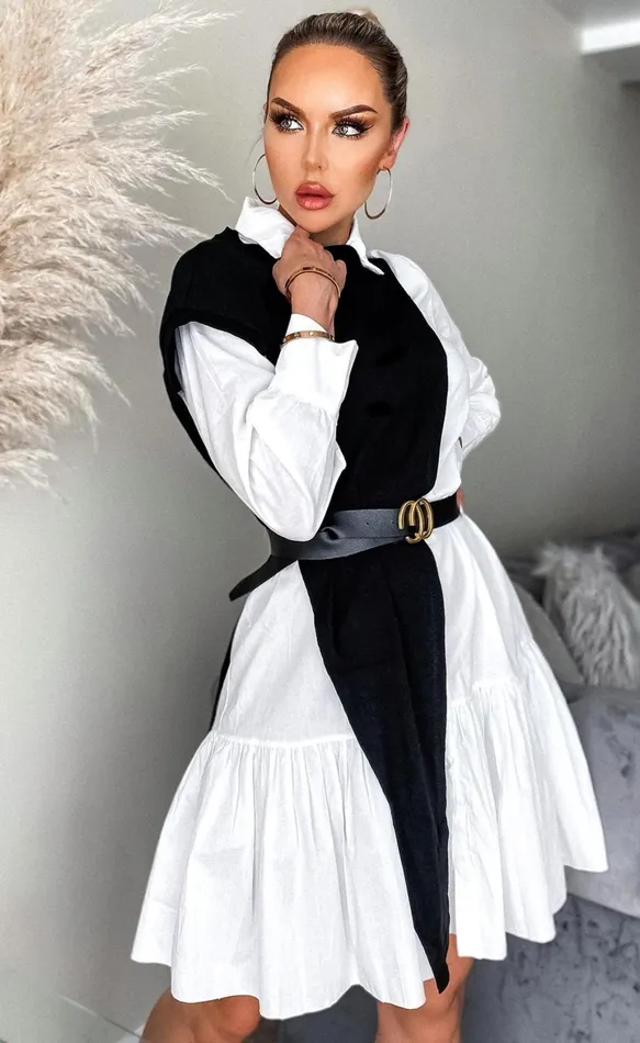 Milan Overlay Colour Block Belted Shirt Dress Women Missfiga Skater Dresses