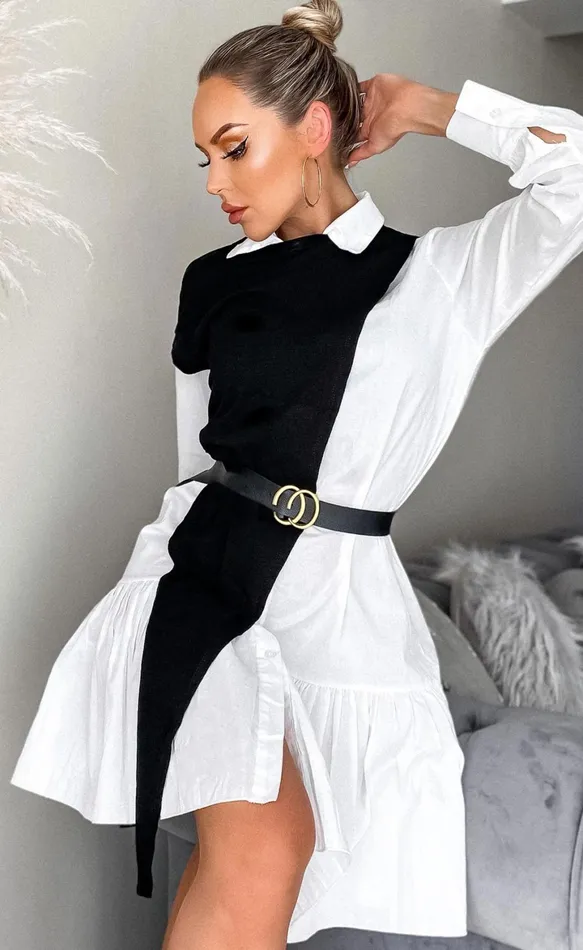 Milan Overlay Colour Block Belted Shirt Dress Women Missfiga Skater Dresses