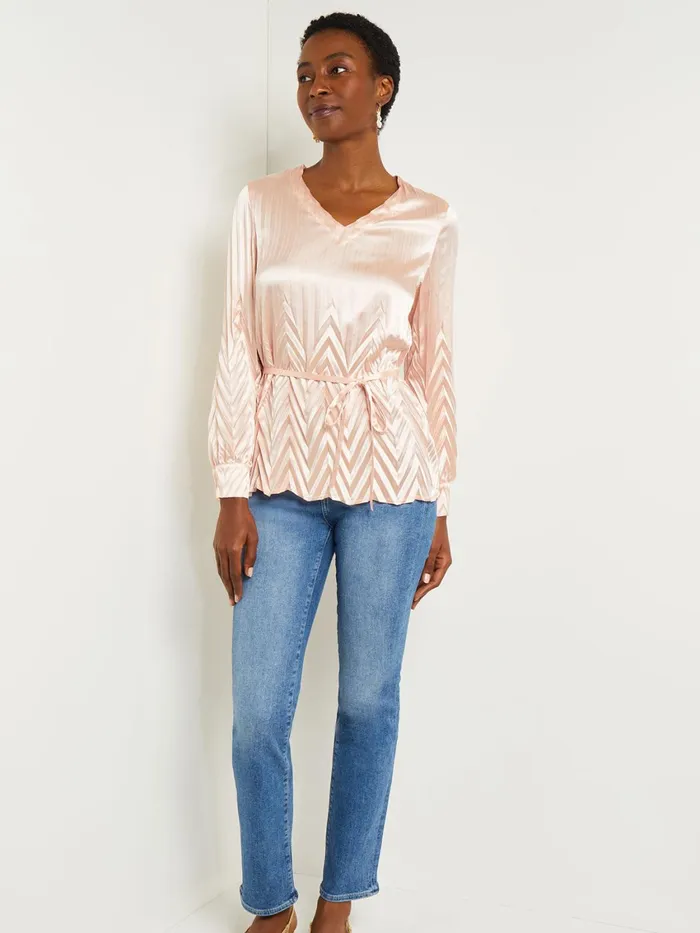 Misook Belted Blouse 8211 Chevron Textured Crepe De Chine Women Tops and Tees