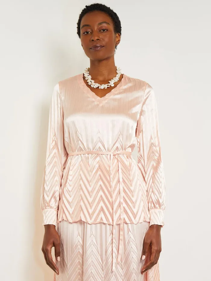 Misook Belted Blouse 8211 Chevron Textured Crepe De Chine Women Tops and Tees