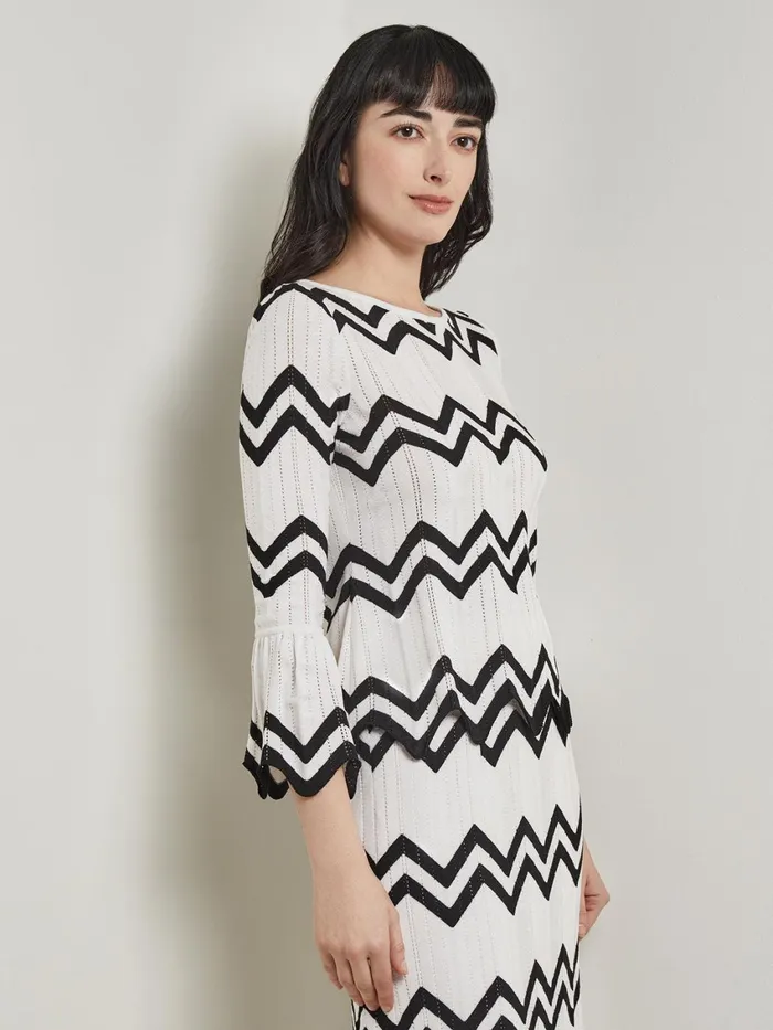Misook Boat Neck Tunic 8211 Contrast Chevron Pointelle Soft Knit Women Tops and Tees