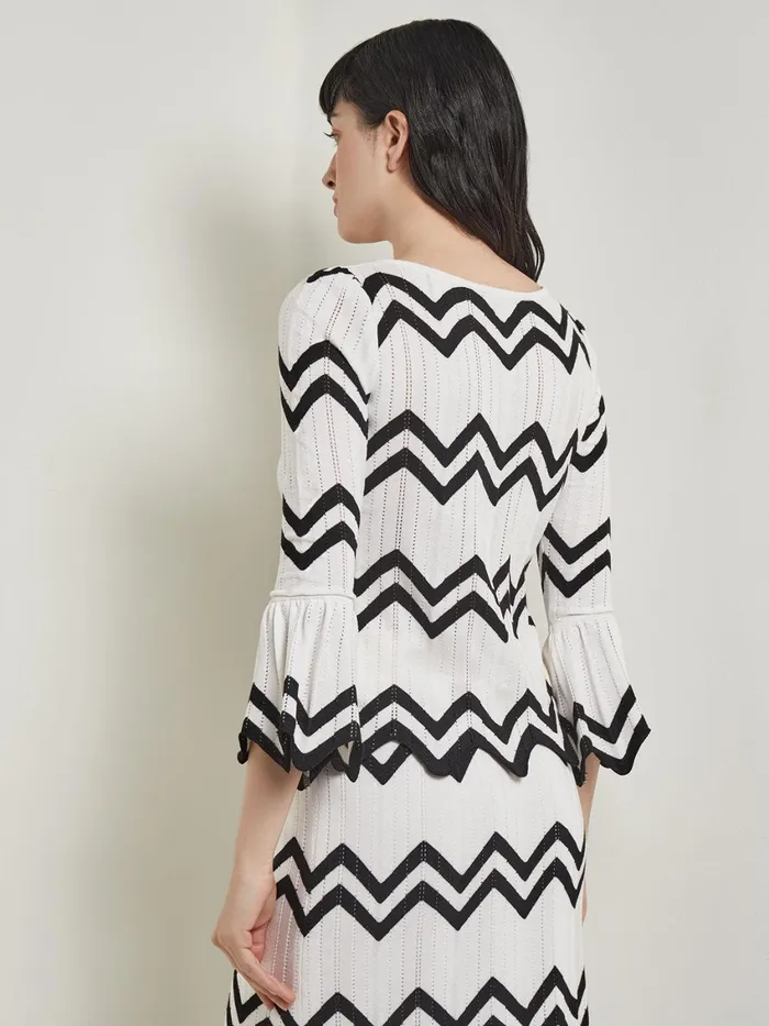 Misook Boat Neck Tunic 8211 Contrast Chevron Pointelle Soft Knit Women Tops and Tees