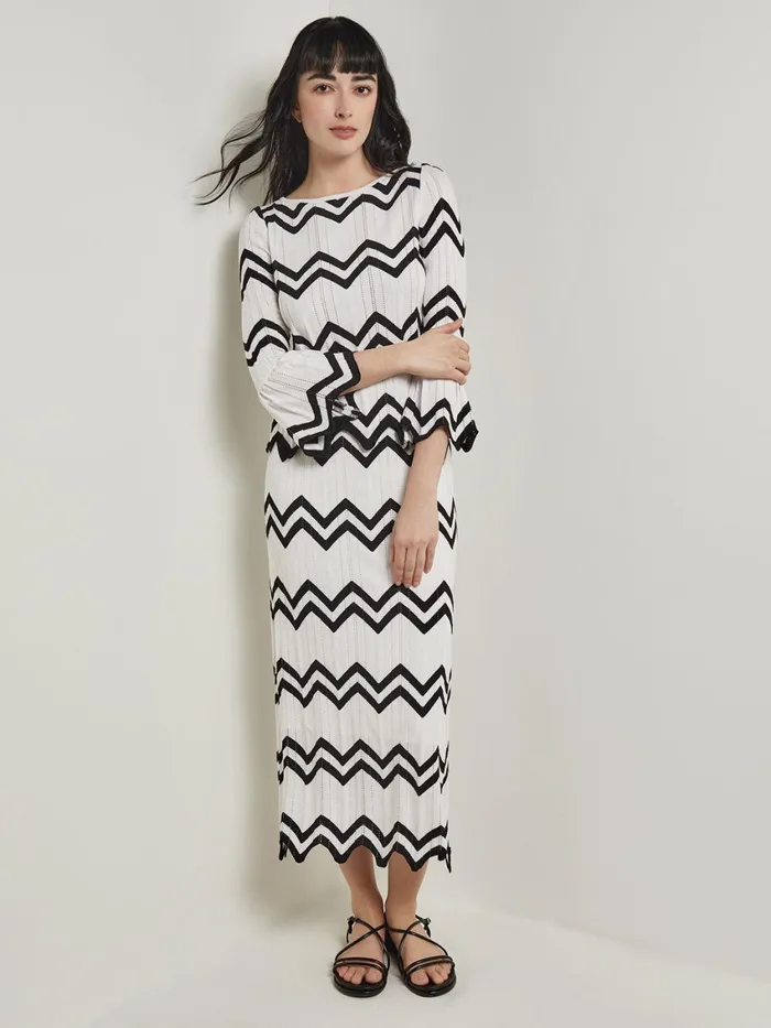 Misook Boat Neck Tunic 8211 Contrast Chevron Pointelle Soft Knit Women Tops and Tees