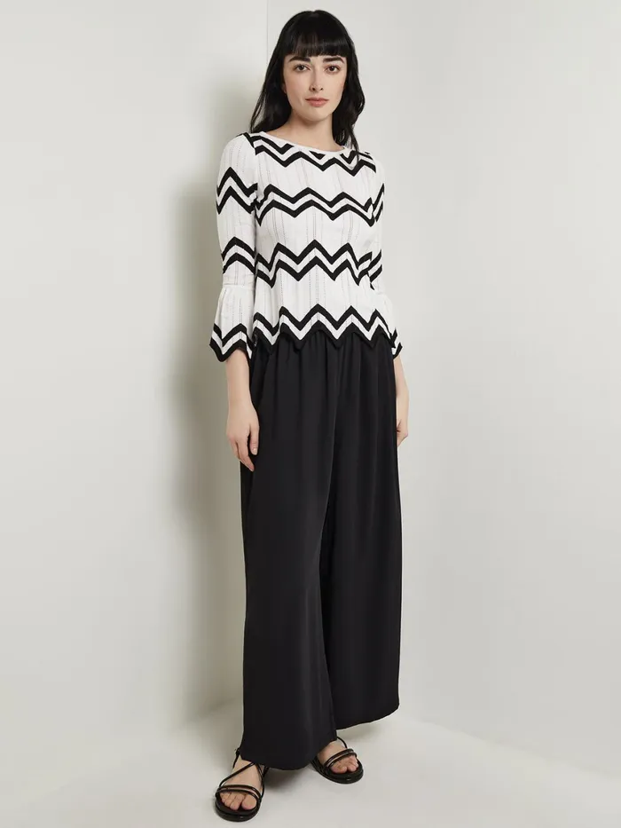 Misook Boat Neck Tunic 8211 Contrast Chevron Pointelle Soft Knit Women Tops and Tees