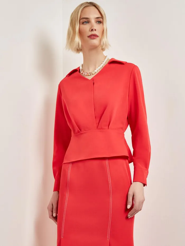 Misook Collared Surplice Neck Blouse 8211 Peplum Woven Women Blouses and Shirts