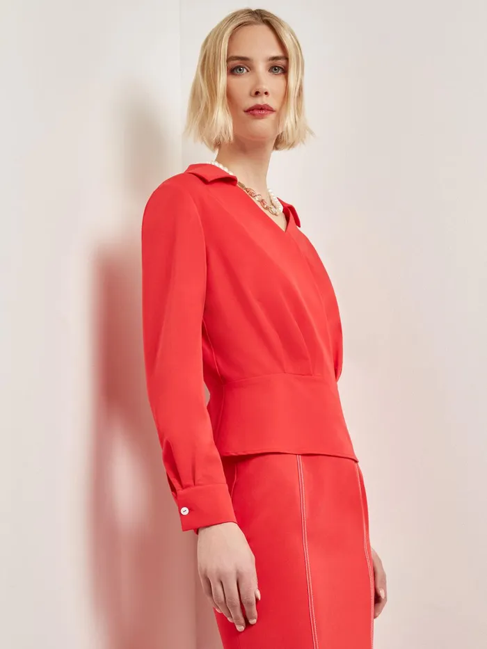 Misook Collared Surplice Neck Blouse 8211 Peplum Woven Women Blouses and Shirts