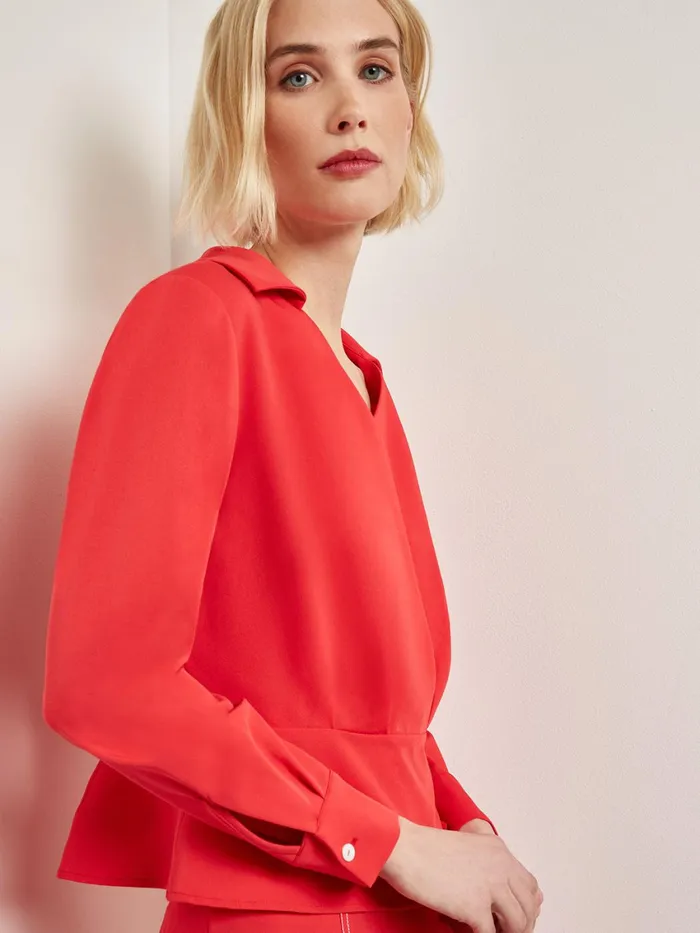 Misook Collared Surplice Neck Blouse 8211 Peplum Woven Women Blouses and Shirts