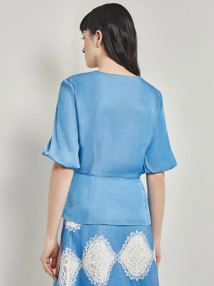 Misook Crossover Peplum Blouse 8211 Puff Sleeve Woven Women Tops and Tees