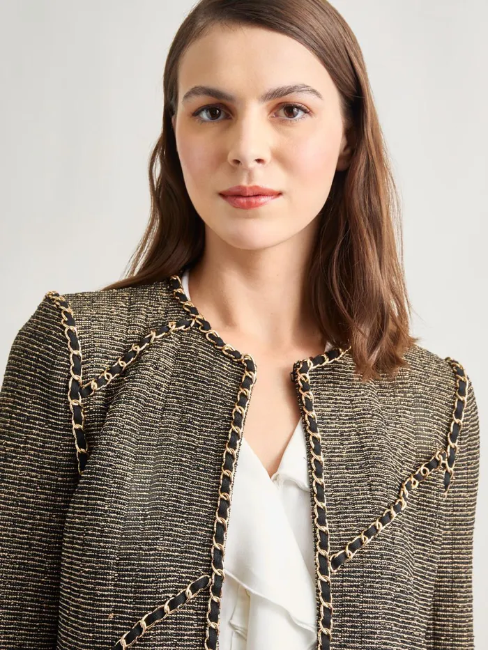 Misook Heritage Fit Curbed Chain Trim Lurex Knit Jacket Women Jackets and Coats Misook Heritage Fit Curbed Chain Trim Lurex Knit Jacket Women Jackets and Coats