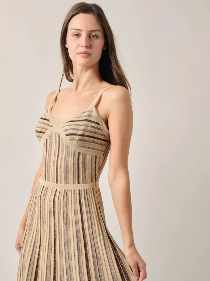 Misook Modern FitandFlare Lurex Striped Knit Maxi Dress Women Dresses Misook Modern FitandFlare Lurex Striped Knit Maxi Dress Women Dresses