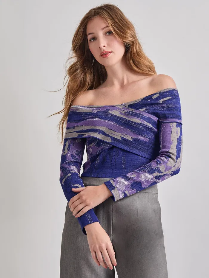 Misook Modern Fit Cropped Cross Body Watercolor Soft Knit Top Women Tops and Tees