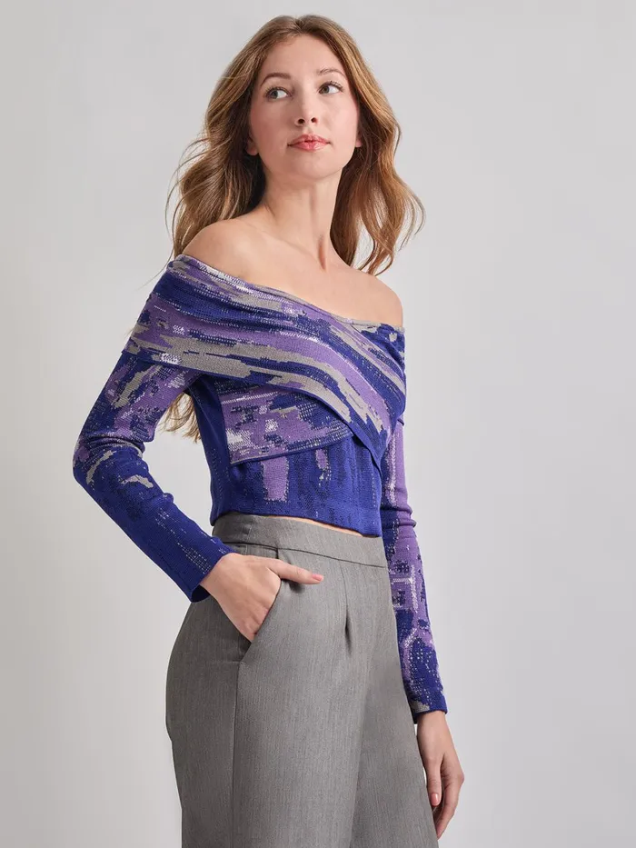 Misook Modern Fit Cropped Cross Body Watercolor Soft Knit Top Women Tops and Tees
