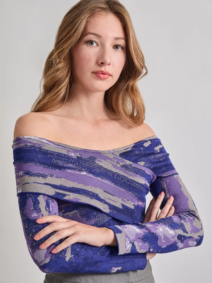 Misook Modern Fit Cropped Cross Body Watercolor Soft Knit Top Women Tops and Tees