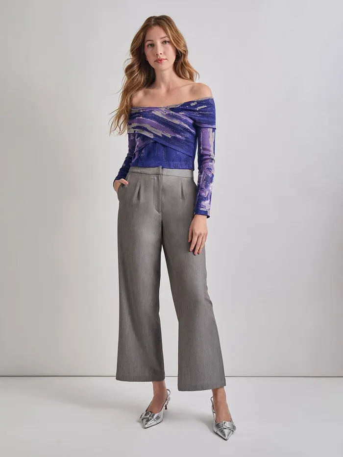 Misook Modern Fit Cropped Cross Body Watercolor Soft Knit Top Women Tops and Tees