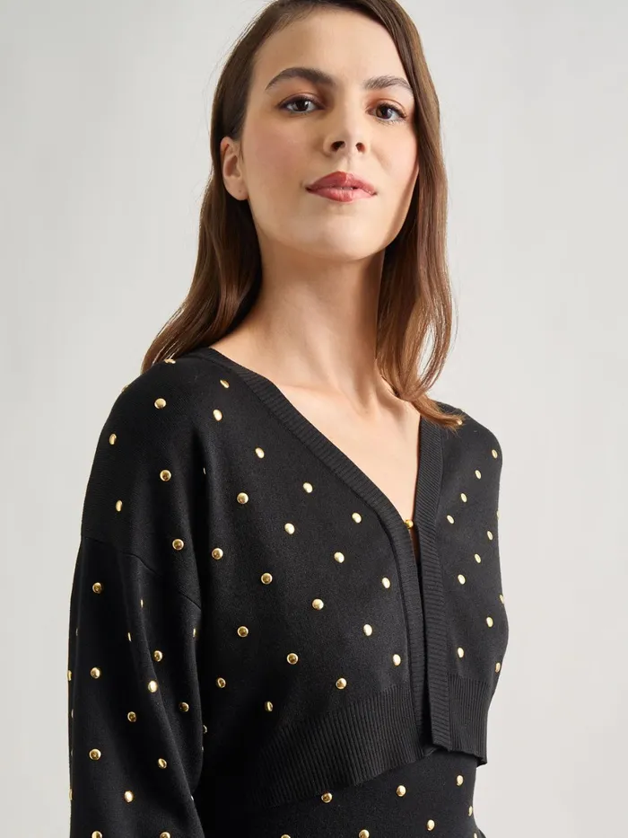 Misook Modern Fit Cropped Gold Studded Soft Knit Cardigan Women Jackets and Coats Misook Modern Fit Cropped Gold Studded Soft Knit Cardigan Women Jackets and Coats