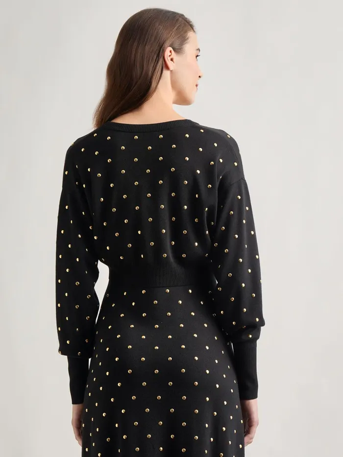 Misook Modern Fit Cropped Gold Studded Soft Knit Cardigan Women Jackets and Coats Misook Modern Fit Cropped Gold Studded Soft Knit Cardigan Women Jackets and Coats