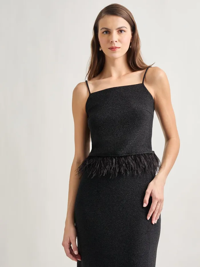 Misook Modern Fit Ostrich Feather Trim Stretch Woven Tank Women Tanks