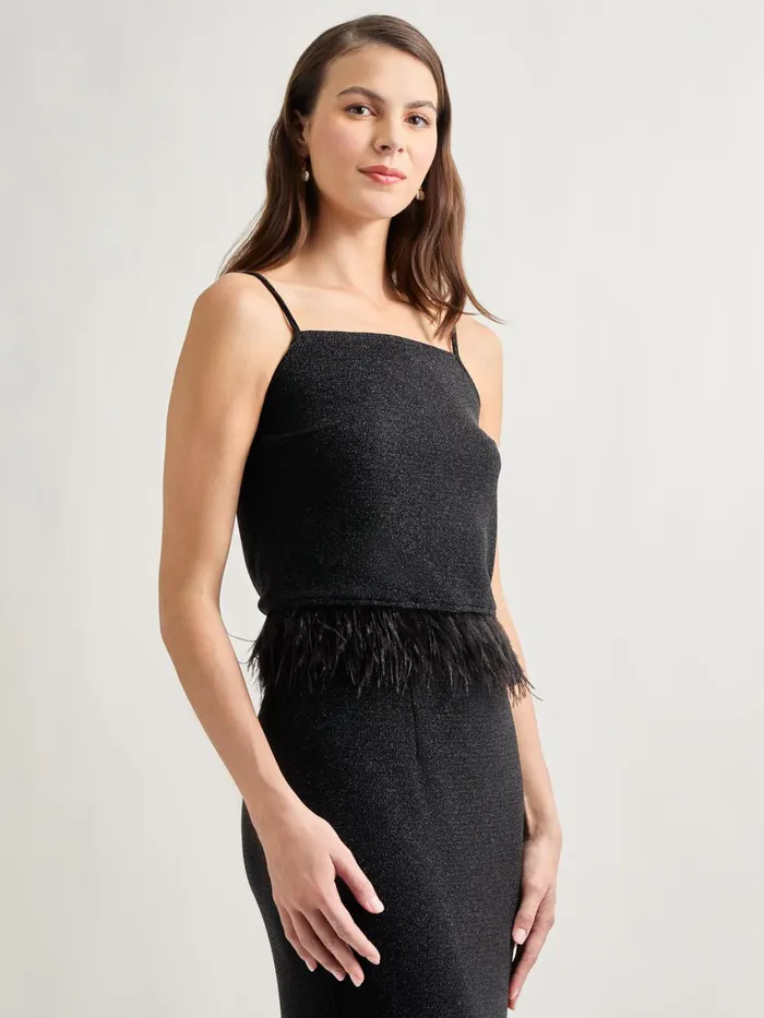 Misook Modern Fit Ostrich Feather Trim Stretch Woven Tank Women Tanks