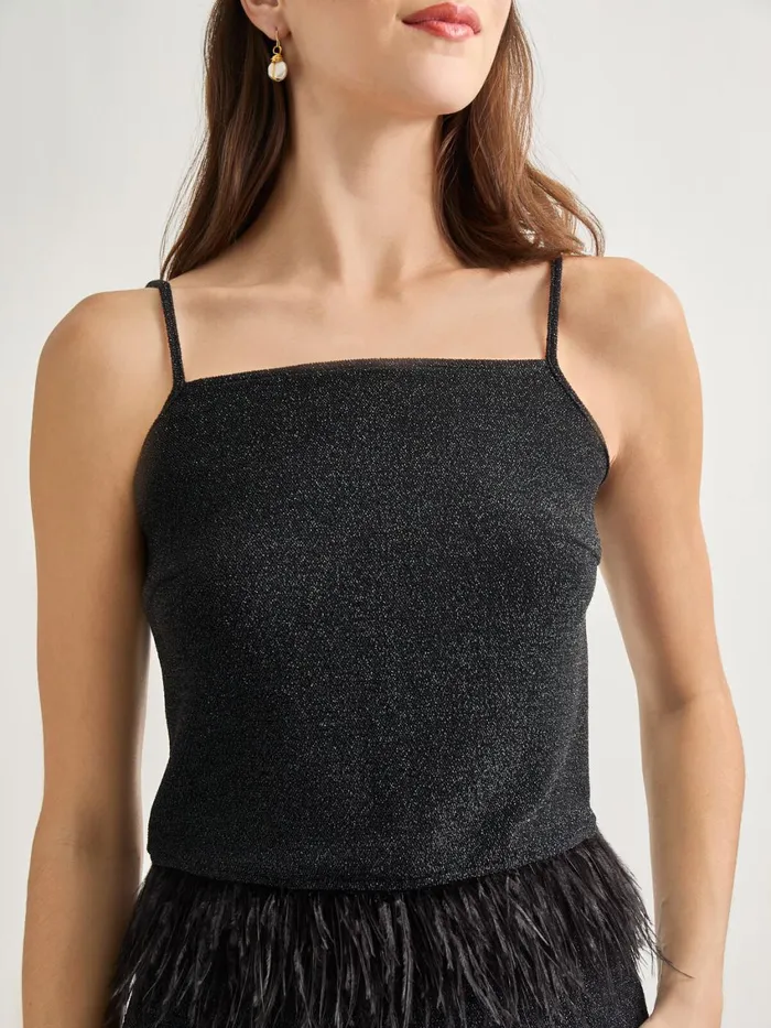 Misook Modern Fit Ostrich Feather Trim Stretch Woven Tank Women Tanks