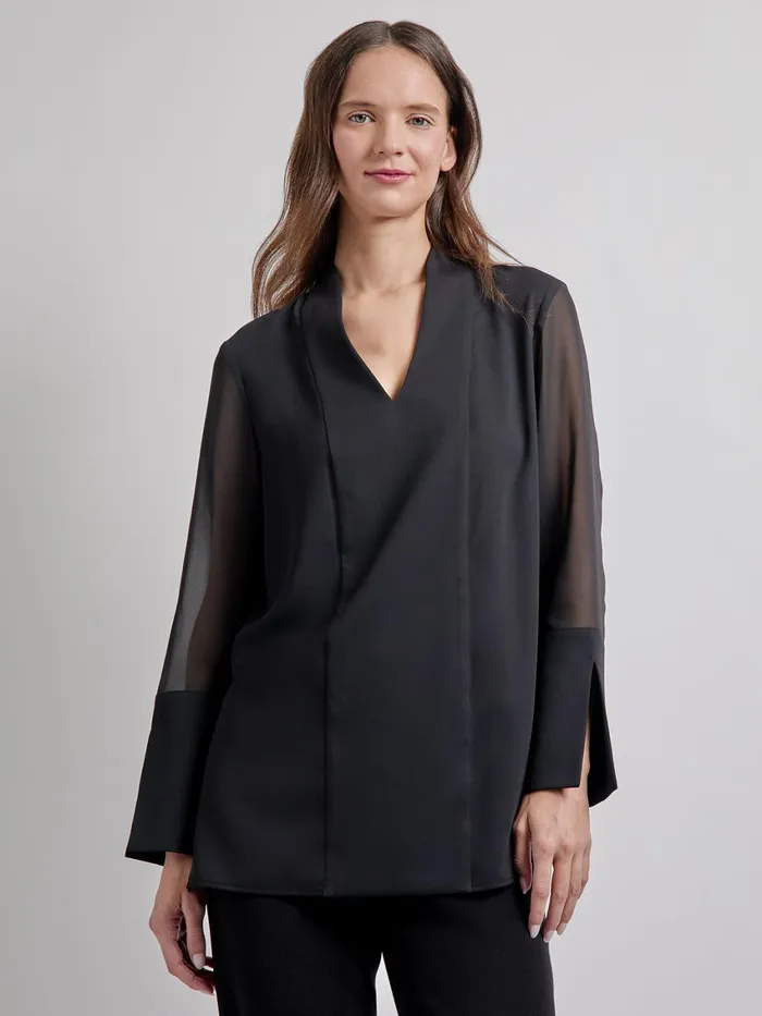 Misook Sheer Sleeve Crepe De Chine Blouse Women Tops and Tees