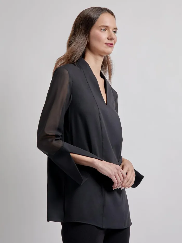 Misook Sheer Sleeve Crepe De Chine Blouse Women Tops and Tees Misook Sheer Sleeve Crepe De Chine Blouse Women Tops and Tees