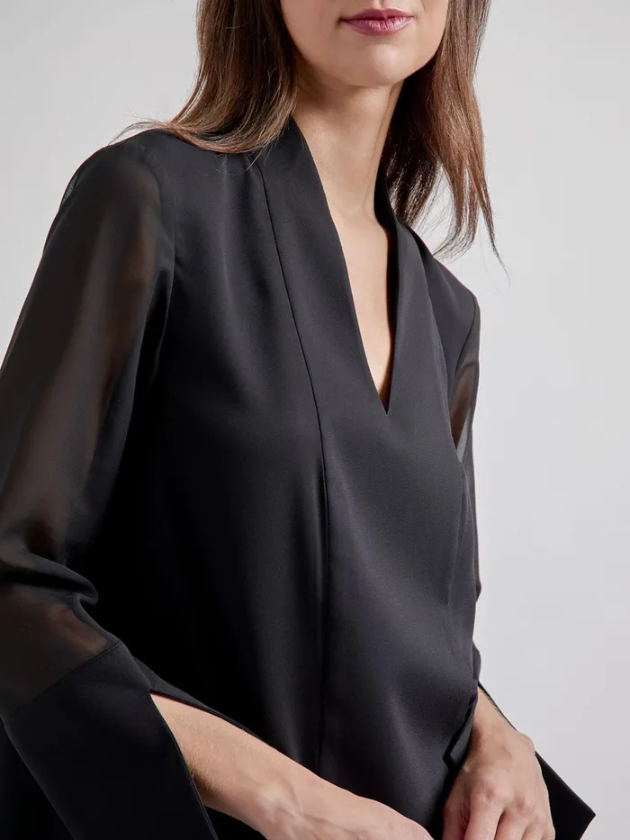 Misook Sheer Sleeve Crepe De Chine Blouse Women Tops and Tees Misook Sheer Sleeve Crepe De Chine Blouse Women Tops and Tees