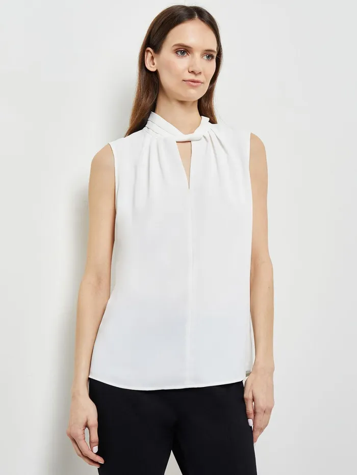 Misook Sleeveless Twist Neck Crepe De Chine Blouse Women Blouses and Shirts
