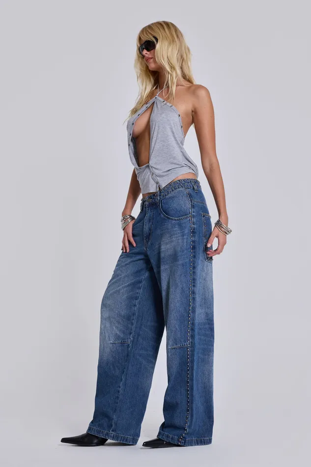 Nailed Studded Colossus Jeans in Vintage Blue Wash Women Tops Jaded London