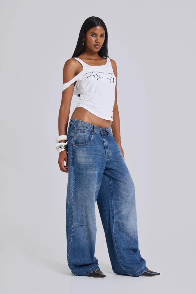 Nailed Studded Colossus Jeans in Vintage Blue Wash Women Tops Jaded London