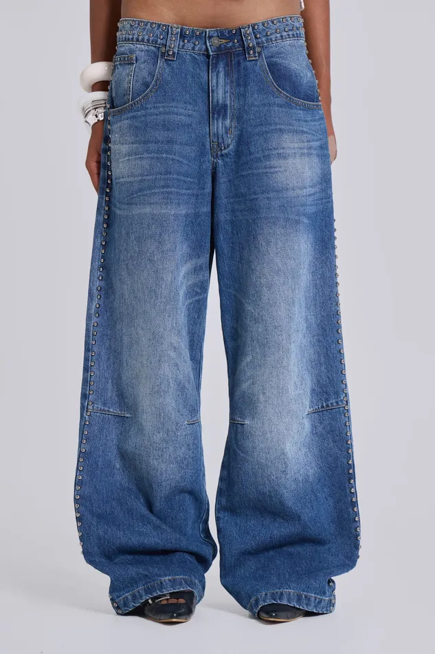 Nailed Studded Colossus Jeans in Vintage Blue Wash Women Tops Jaded London