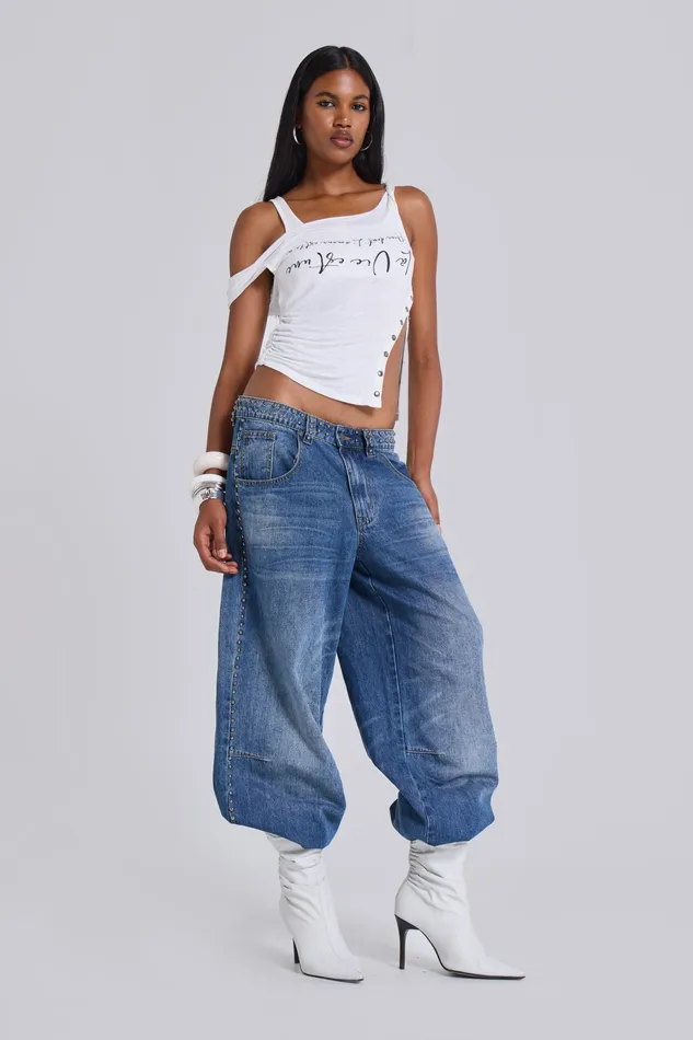 Nailed Studded Colossus Jeans in Vintage Blue Wash Women Tops Jaded London