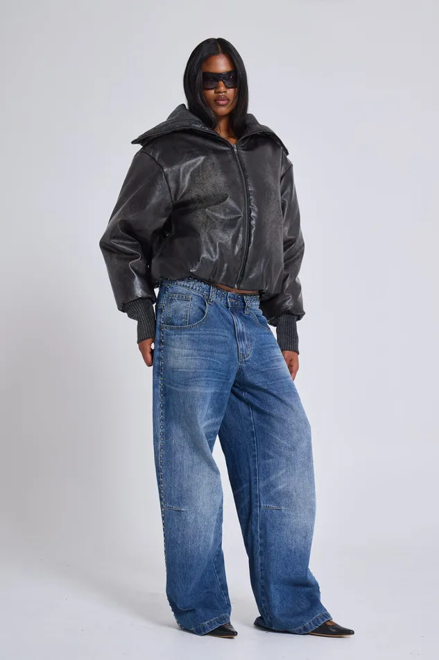 Nailed Studded Colossus Jeans in Vintage Blue Wash Women Tops Jaded London