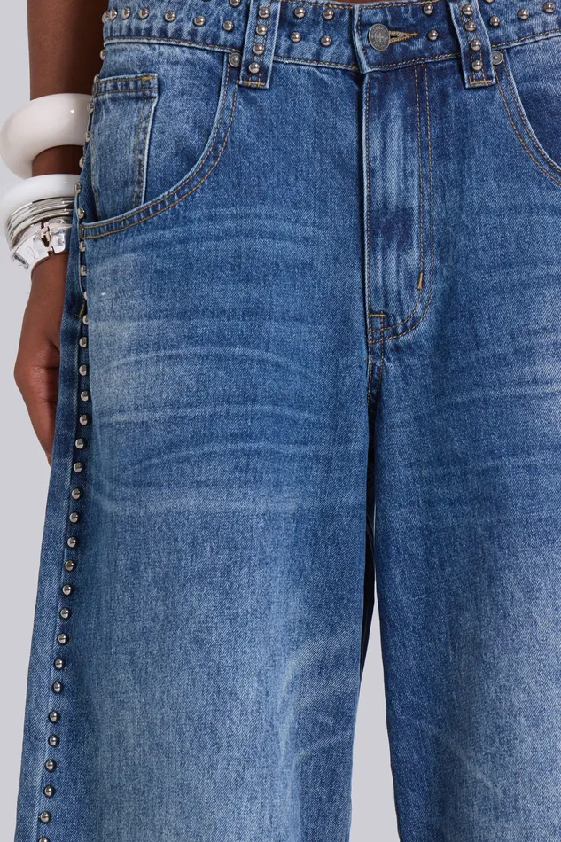 Nailed Studded Colossus Jeans in Vintage Blue Wash Women Tops Jaded London