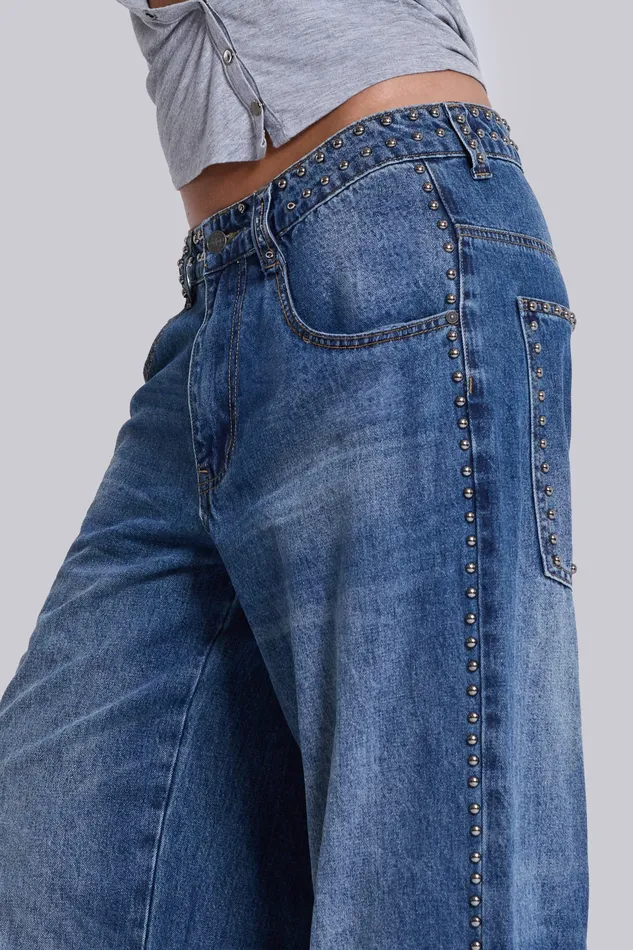 Nailed Studded Colossus Jeans in Vintage Blue Wash Women Tops Jaded London
