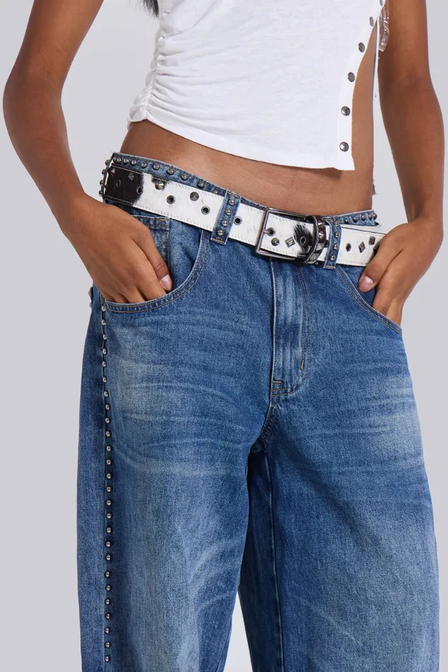 Nailed Studded Colossus Jeans in Vintage Blue Wash Women Tops Jaded London