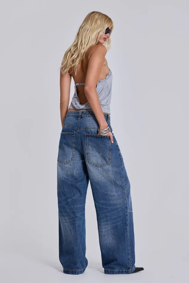Nailed Studded Colossus Jeans in Vintage Blue Wash Women Tops Jaded London