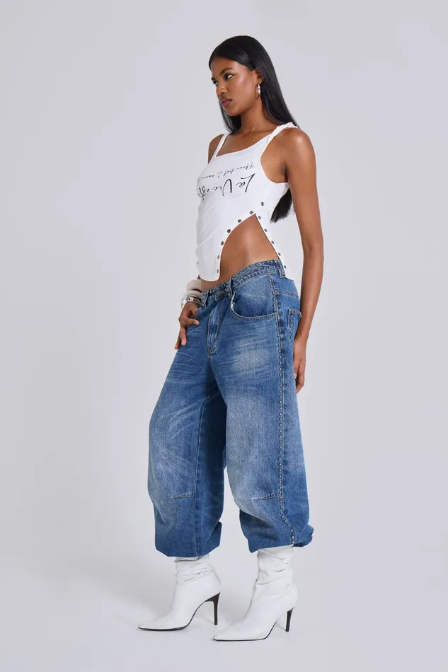 Nailed Studded Colossus Jeans in Vintage Blue Wash Women Tops Jaded London