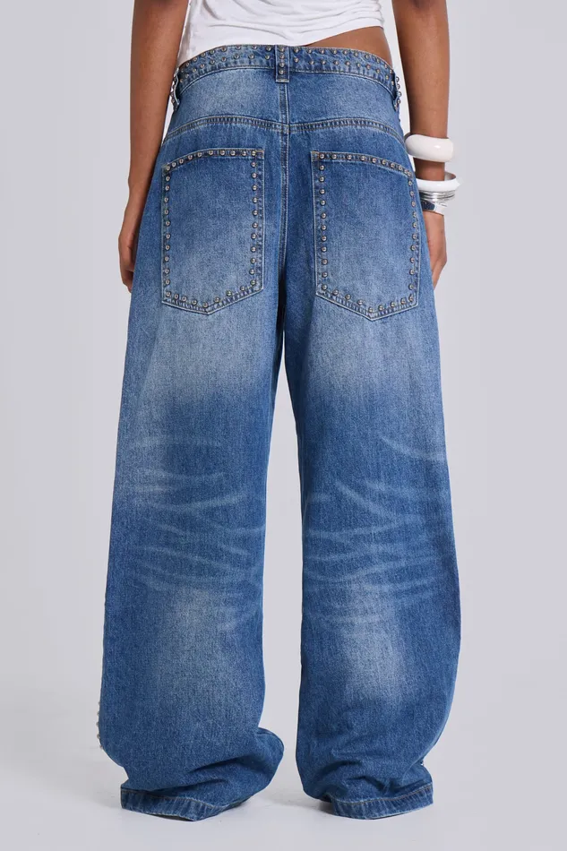 Nailed Studded Colossus Jeans in Vintage Blue Wash Women Tops Jaded London