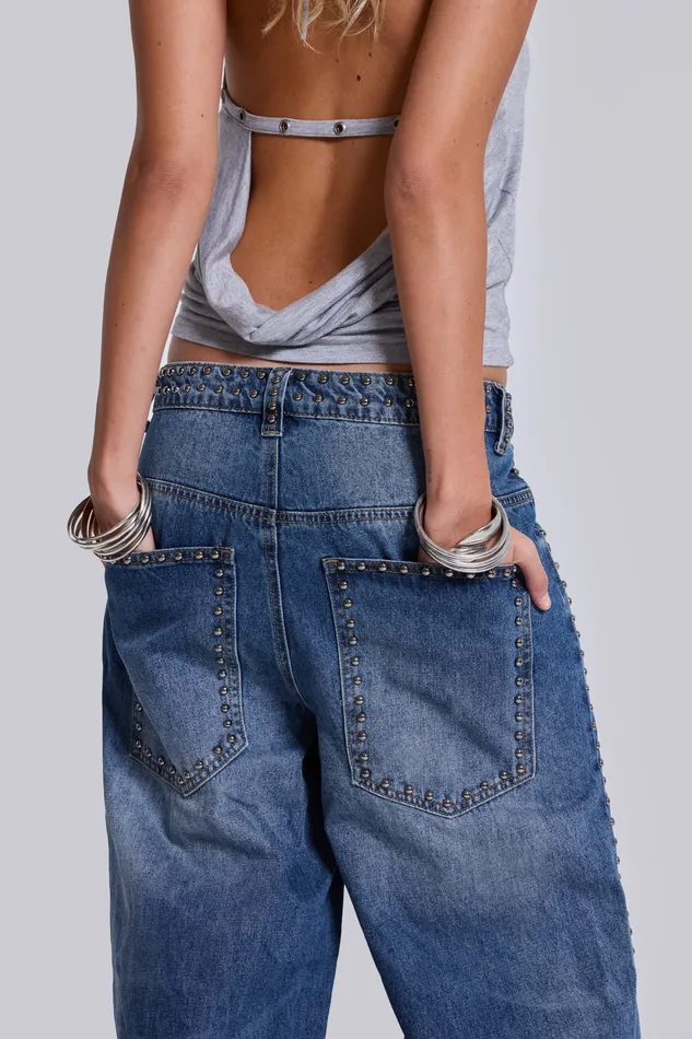 Nailed Studded Colossus Jeans in Vintage Blue Wash Women Tops Jaded London
