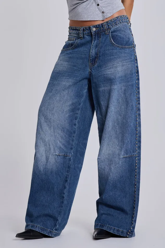Nailed Studded Colossus Jeans in Vintage Blue Wash Women Tops Jaded London