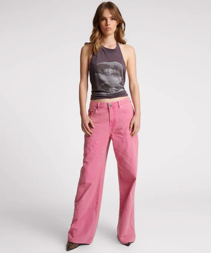 One Teaspoon Bottoms PINK FLAMBE CANVAS JACKSON MID WAIST WIDE LEG PANT 8211 Women